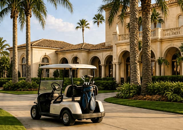 Mediterranean resort clubhouse with golf cart and palms at golden hour